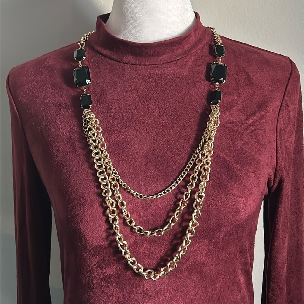 Chunky Gold Tone Layered Chain Statement Faceted Black Jeweled Accent Necklace